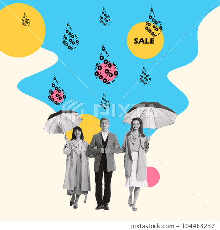Beautiful, stylish young people in retro clothes going shopping to buy goods at lower price. Big sales time. Contemporary art collage. Beautiful, stylish young people in retro clothes going shopping to buy goods at lower price. Big sales time. Contemporary art collage. 104463237