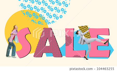 Young women running to mall to buy product at low price. Giant sales season. Reducing prices. Contemporary art collage. 104463255