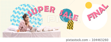 Cute, beautiful young girl in pajamas sitting on bed and doing online shopping via laptop, buying goods on sales. Contemporary art collage. Cute, beautiful young girl in pajamas sitting on bed and doing online shopping via laptop, buying goods on sales. Contemporary art collage. 104463260