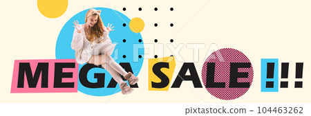 Happy and excited young girl in home wear doing online shopping vial laptop. Big sales and free delivery. Contemporary art collage. 104463262