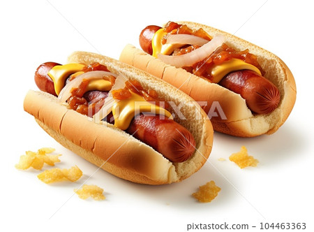 Hot dog with mustard and ketchup on a white background 104463363
