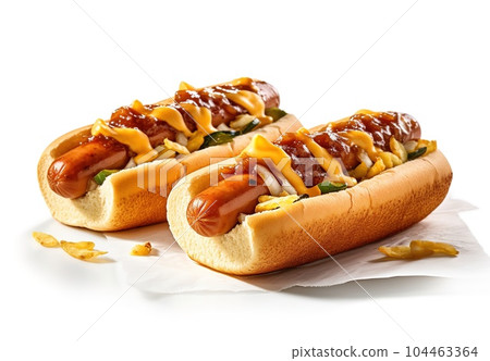 Hot dog with mustard and ketchup on a white background 104463364