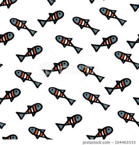 Small Fishes Seamless Pattern. Background for Kids with Hand drawn Doodle Cute Fish. Cartoon Sea Animals illustration. Underwater World Digital Paper on White Background. 104463533