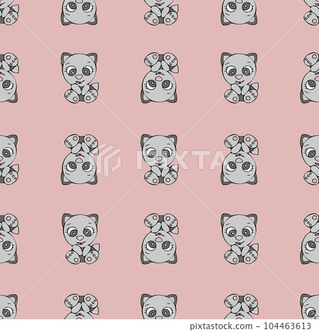 Cute Cats Seamless Pattern. Hand Drawn Digital Paper with Kittens Illustration. Wallpaper with Cute Gray Cat on Light Pink Background. 104463613