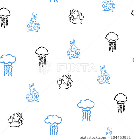 Small Fishes Seamless Pattern. Background for Kids with Hand Drawn Doodle Cute Jelly Fish and Coral. Cartoon Sea Animals Simple Illustration. 104463931