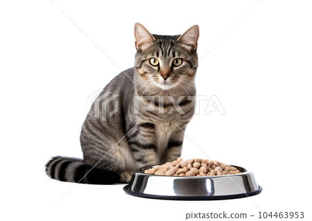 Cute cat and a bowl of dry food on a white background. Cute cat and a bowl of dry food on a white background. 104463953
