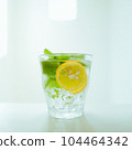 Clear glass cup with detox water or mojito with lemon and mint leaves floating in ice water - 104464342