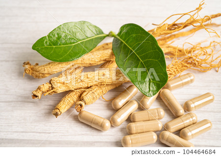 Ginseng, dried vegetable herb. Healthy food famous export food in Korea country. 104464684