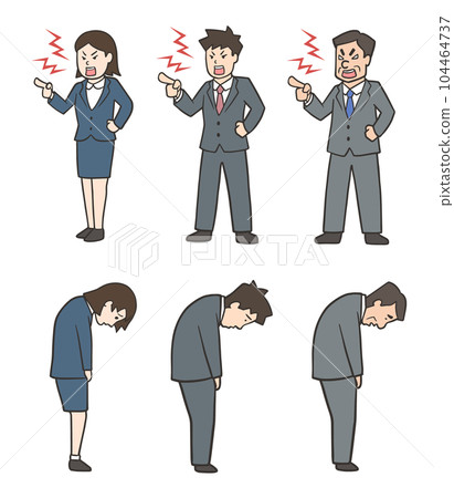 An angry person and an apologetic person, a suit female and male office worker set 104464737
