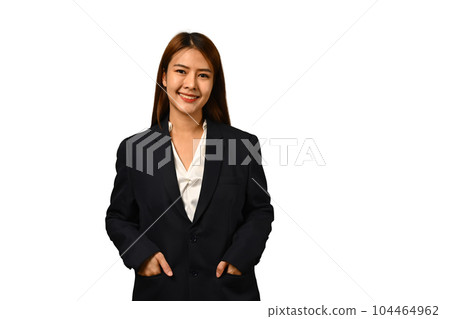 Confident asian businesswoman in black suit posing isolated on white background 104464962