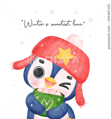 Cute cheerful Christmas Penguin Hugging Hot Chocolate Mug, Watercolour Illustration 104465105