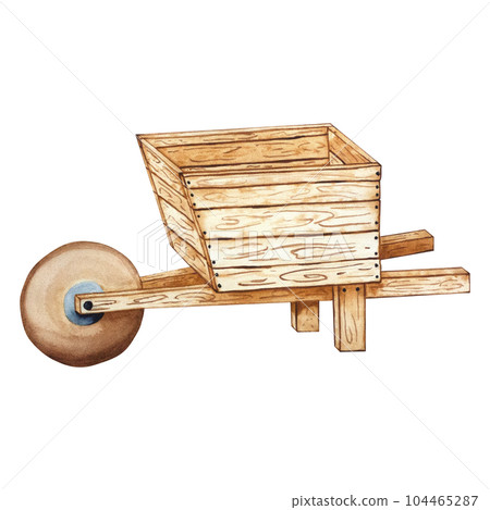 Empty wooden cart, rural machinery. Trolley for farmers to transport organic products. A basket or container with a wheel for harvesting. Harvest festival element, agricultural wheelbarrow for design Empty wooden cart, rural machinery. Trolley for farmers to transport organic products. A basket or container with a wheel for harvesting. Harvest festival element, agricultural wheelbarrow for design 104465287