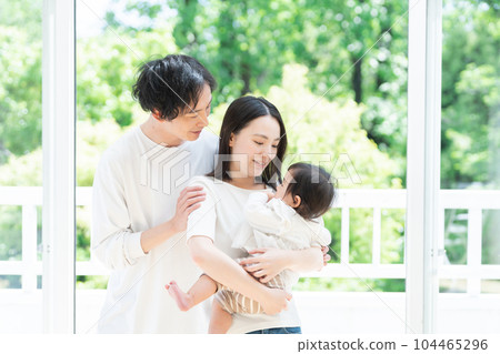 A smiling family of three (family, childcare, childcare, baby) 104465296