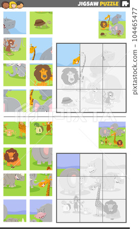 jigsaw puzzle games set with cartoon wild animal characters 104465477