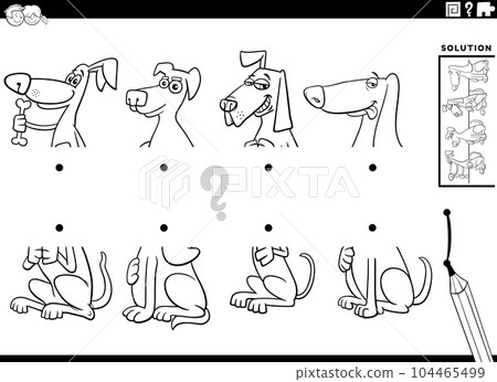 match halves game with cartoon dogs characters coloring page 104465499