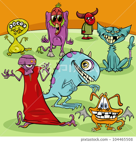 cartoon funny monsters fantasy characters group 104465508