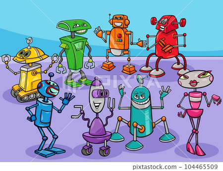 cartoon colorful robots and droids characters group 104465509