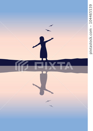 happy little girl dream about flying with birds by the lake at sunset silhouette 104465539