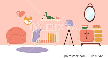 Baby room, nursery bedroom with cot bed, furniture, carpet, floor lamp and mirror. Child room interior in doodle flat style with cradle and baby toys mobile. Vector illustration. Baby room, nursery bedroom with cot bed, furniture, carpet, floor lamp and mirror. Child room interior in doodle flat style with cradle and baby toys mobile. Vector illustration. 104465645