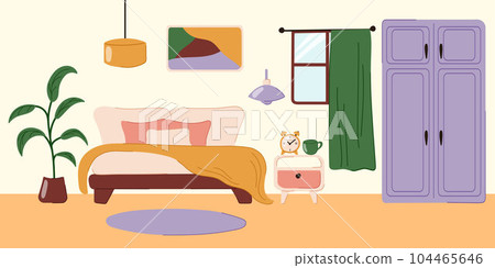 Vector doodle flat interior of bedroom. Living apartment with furniture - double bed, dresser, carpet and house plant. Vector illustration. Vector doodle flat interior of bedroom. Living apartment with furniture - double bed, dresser, carpet and house plant. Vector illustration. 104465646
