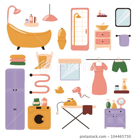 Set of bathroom interior doodle cartoon icons. Bathtub and shower cabin, sink table and mirror, washing laundry machine, care hygiene products, interior furniture. Vector illustration isolated on a 104465730