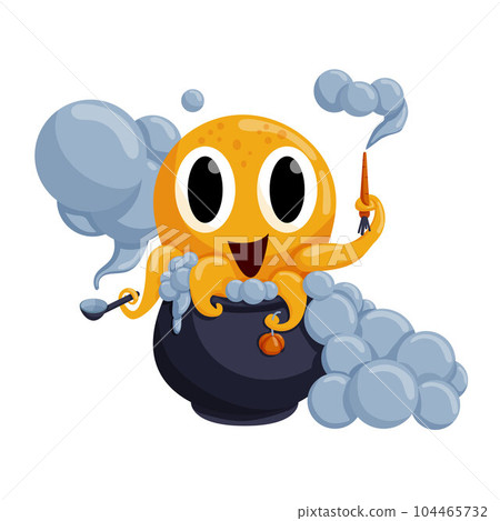 Halloween octopus cooks soup in a cauldron. Yellow octopus cartoon character. Cute vector octopus isolated on white background. Octopus icon. Animal illustration for children book illustrating. Halloween octopus cooks soup in a cauldron. Yellow octopus cartoon character. Cute vector octopus isolated on white background. Octopus icon. Animal illustration for children book illustrating. 104465732