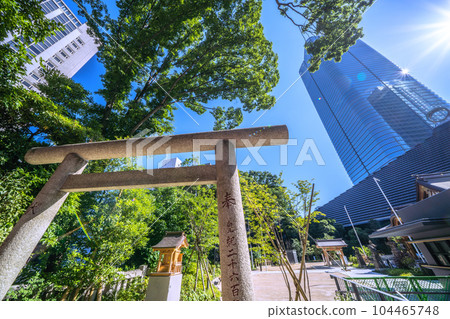 日本東京的城市景觀 從八幡神社的金馬神社和稻荷神社一側看麻布台丘陵等 104465748