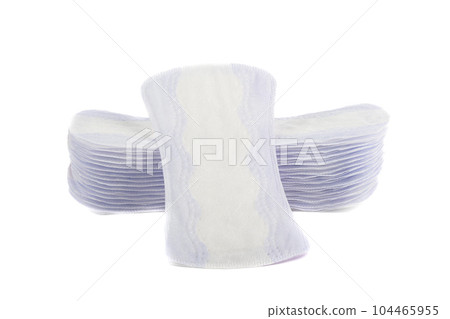 A stack of purple and white sanitary pads on a white background. 104465955