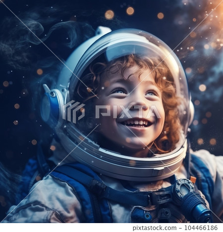 Happy Little boy in spacesuit against space background.  Portrait of a cute little boy dressed as an astronaut in outer space. Smiling boy dreaming about becoming an astronaut. AI generated 104466186