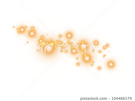 Golden glitter wave abstract illustration. Golden stars dust trail sparkling particles isolated on transparent background. Magic concept. PNG. 104466579