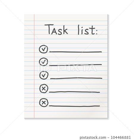 Realistic line paper note icon in flat style. To do list icon with hand drawn text vector illustration on isolated background. Office stationery notebook sign business concept. Realistic line paper note icon in flat style. To do list icon with hand drawn text vector illustration on isolated background. Office stationery notebook sign business concept. 104466881