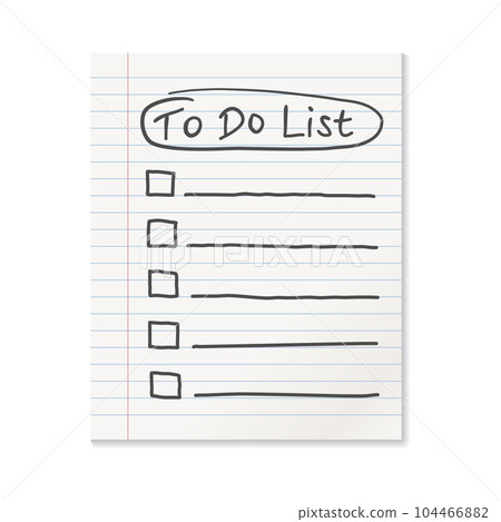 Realistic line paper note icon in flat style. To do list icon with hand drawn text vector illustration on isolated background.  Office stationery notebook sign business concept. 104466882