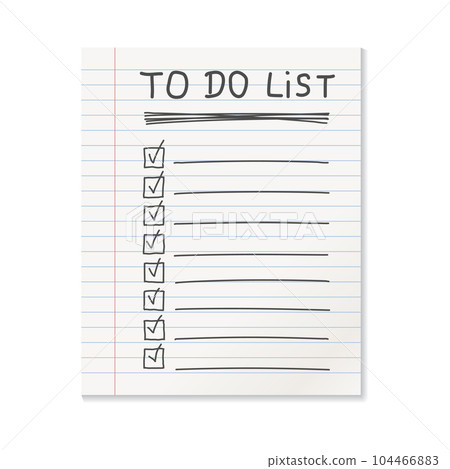 Realistic line paper note icon in flat style. To do list icon with hand drawn text vector illustration on isolated background. Office stationery notebook sign business concept. Realistic line paper note icon in flat style. To do list icon with hand drawn text vector illustration on isolated background. Office stationery notebook sign business concept. 104466883