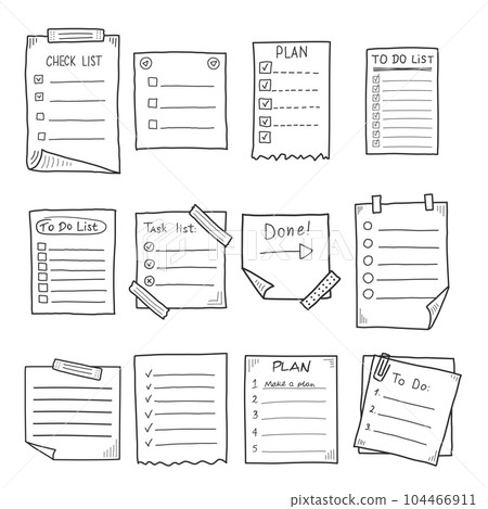 Hand drawn memo paper sheet icon set in flat style. Sticky note vector illustration on isolated background.  To do list sign business concept. 104466911