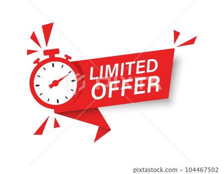 Limited offer icon in flat style. Promo label with alarm clock vector illustration on isolated background. Last minute chance sign business concept. 104467502