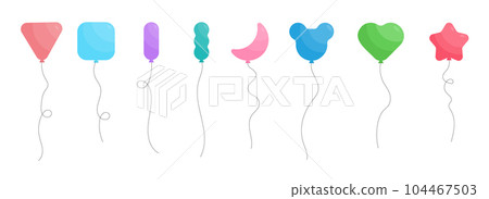 Set of colored party balloons tied with strings. Vector illustration in cartoon style 104467503