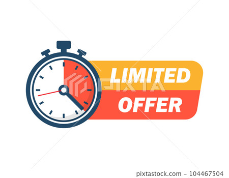 Limited offer icon in flat style. Promo label with alarm clock vector illustration on isolated background. Last minute chance sign business concept. 104467504