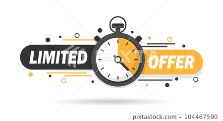 Limited offer icon in flat style. Promo label with alarm clock vector illustration on isolated background. Sale promotion sign business concept. Limited offer icon in flat style. Promo label with alarm clock vector illustration on isolated background. Sale promotion sign business concept. 104467590