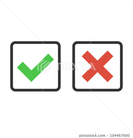 Cross and check mark icon in flat style. Checkmark right vector illustration on isolated background. Tick and cross sign business concept. 104467600