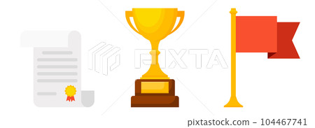 Set of winner trophies and awards vector illustration. Winner's cup, flag, gold medal and star medal in flat style 104467741
