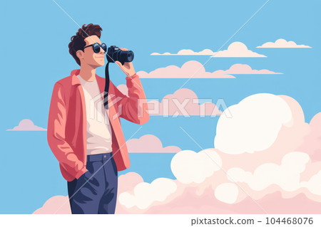 Flat design of young man with camera for shooting photo. Photograph day concept. Flat design of young man with camera for shooting photo. Photograph day concept. 104468076