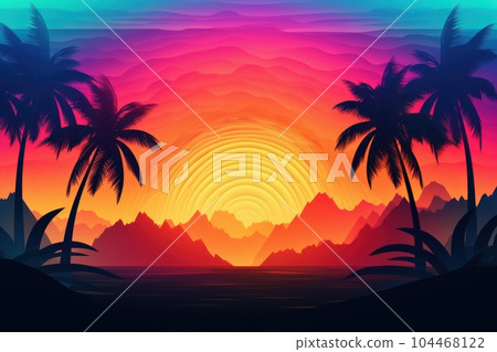 Vibrant retro vintage style of sunset sky  beach with sun and palm trees background banner. 104468122