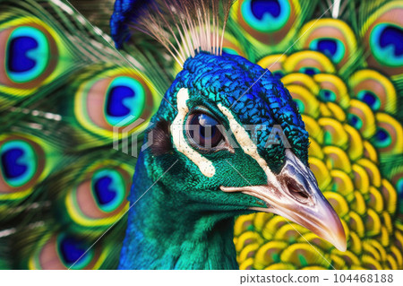 Peacock with open tail. Close up shot of a peacocks colorful plumage. Generative AI Peacock with open tail. Close up shot of a peacocks colorful plumage. Generative AI 104468188