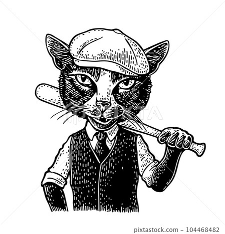 Cat batter holding baseball bit and dressed in a peaked cap, waistcoat. Engraving Cat batter holding baseball bit and dressed in a peaked cap, waistcoat. Engraving 104468482