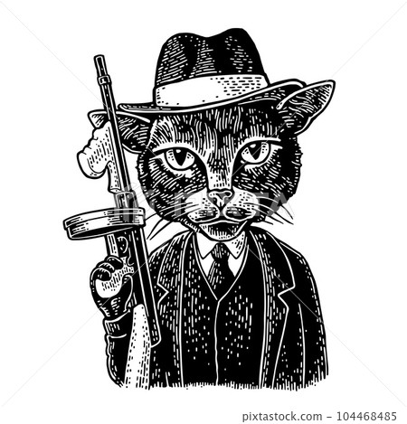 Cat gentleman holding weapon and dressed in hat, suit, waistcoat. Engraving 104468485