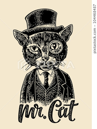 Cat gentleman holding a watch and dressed hat, suit. Engraving 104468487