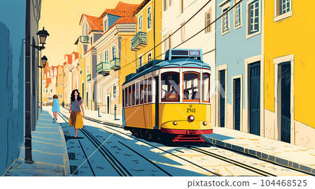 Illustration of a portuguese city with a tram, Portugal 104468525