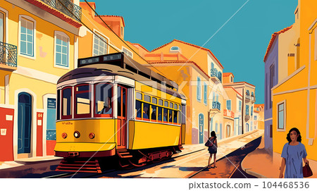 Illustration of a portuguese city with a tram, Portugal Illustration of a portuguese city with a tram, Portugal 104468536