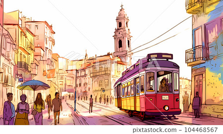 Illustration of a portuguese city with a tram, Portugal 104468567