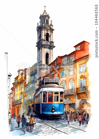 Illustration of a portuguese city with a tram, Portugal 104468568